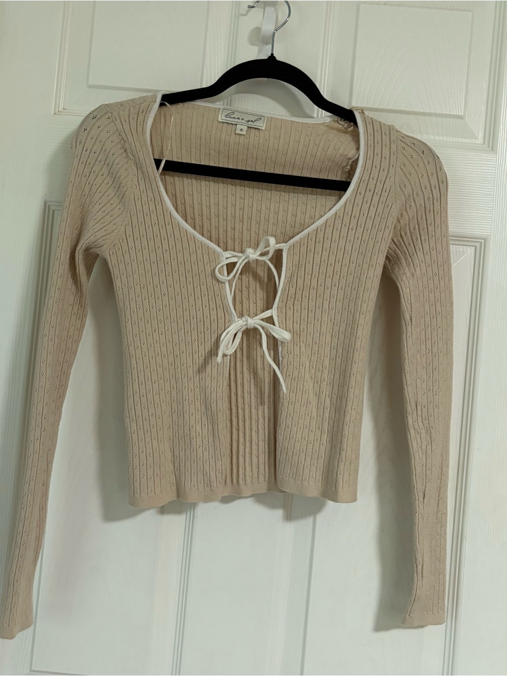 Luna & Sol Beige Ribbed Long-Sleeve Tie-Front Top with White Trim